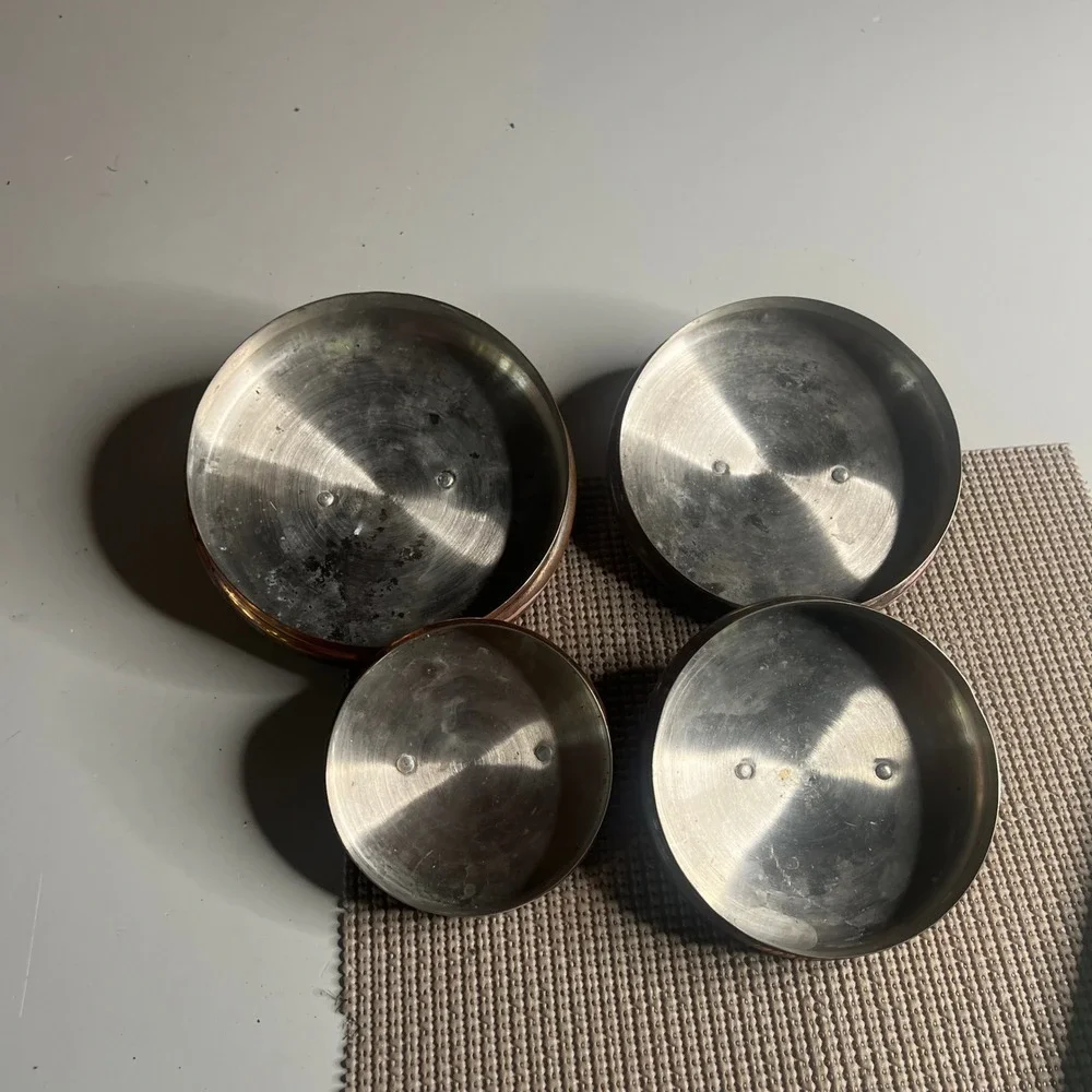 Vintage Copper Pot Lids Set of 4 Brass Handles Tin Lined French Kitchen Decor